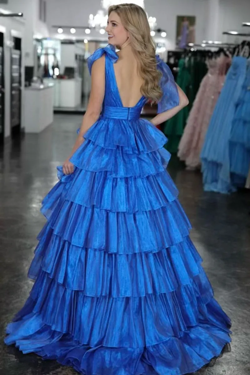 August | Glitter Tie Straps Pink Plunging Neck Tiered Long Prom Dress