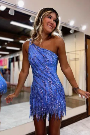 Cute Bodycon One Shoulder Blue Sequin Long Prom Dresses with Beading VK24021405