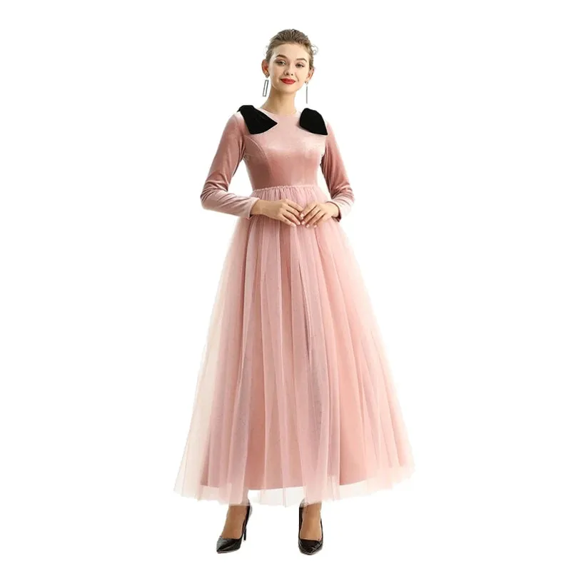 D191 Girls velvet long sleeves full shape flared design evening long tulle gown