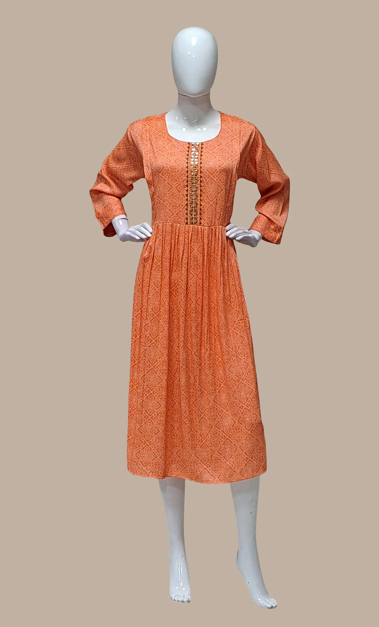 Deep Orange Bandhani Printed Kurti Dress
