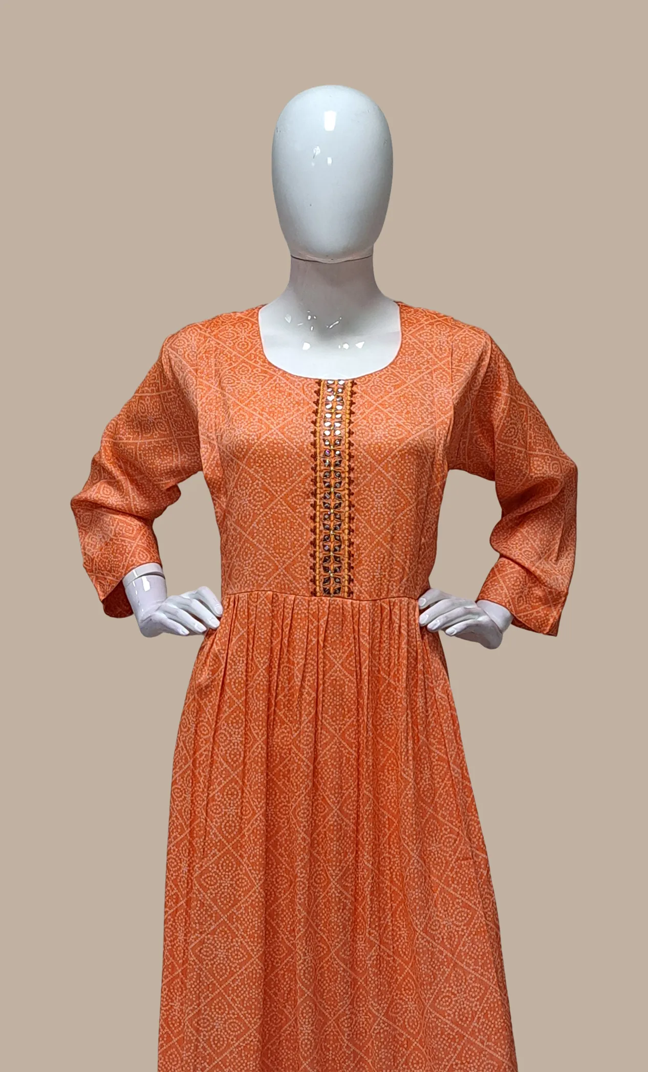 Deep Orange Bandhani Printed Kurti Dress