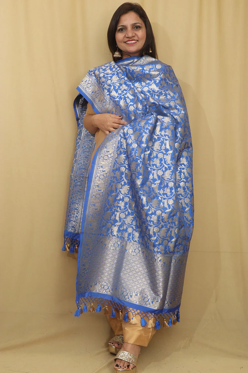 Elegant Blue Banarasi Silk Shikargah Design Dupatta