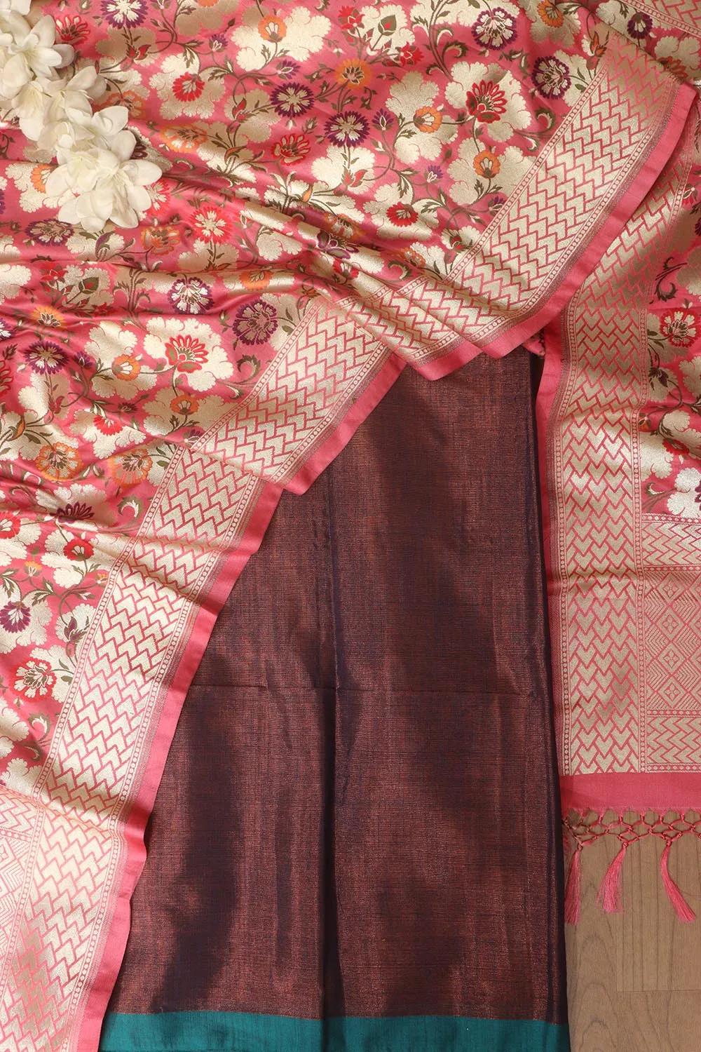 Elegant Brown Plain Tissue Cotton Suit With Banarasi Kimkhwab Design Silk Dupatta