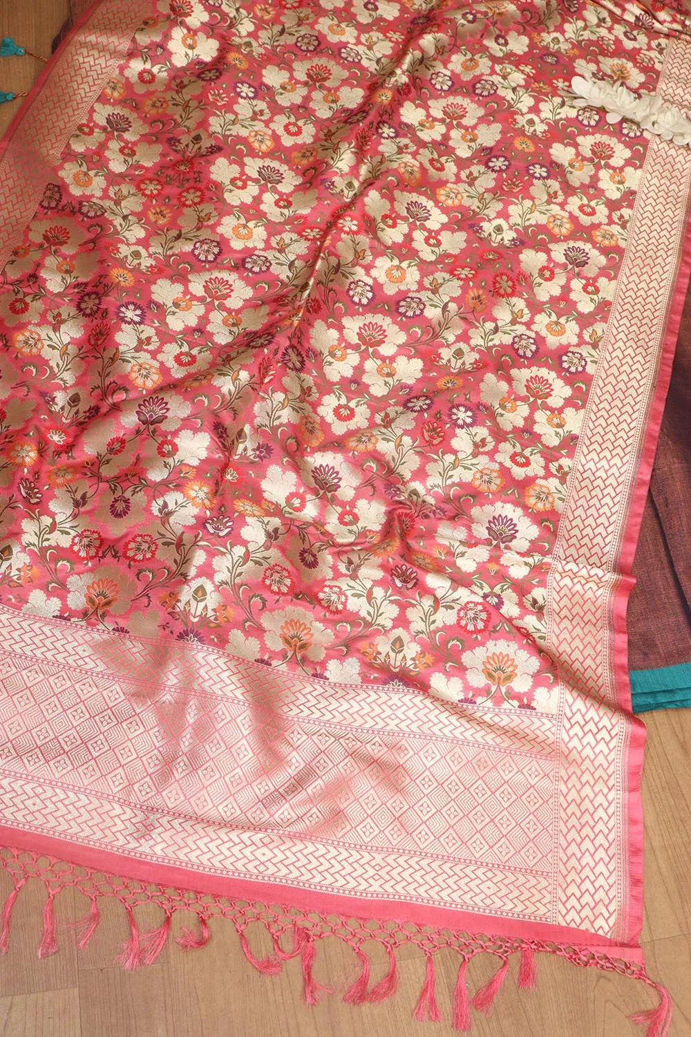 Elegant Brown Plain Tissue Cotton Suit With Banarasi Kimkhwab Design Silk Dupatta