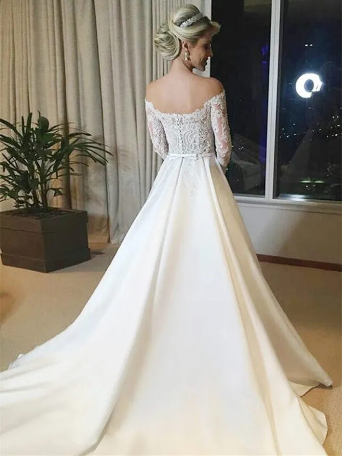Fantastic Off-the-shoulder A-line Wedding Dresses Satin Appliqued Gowns WD271