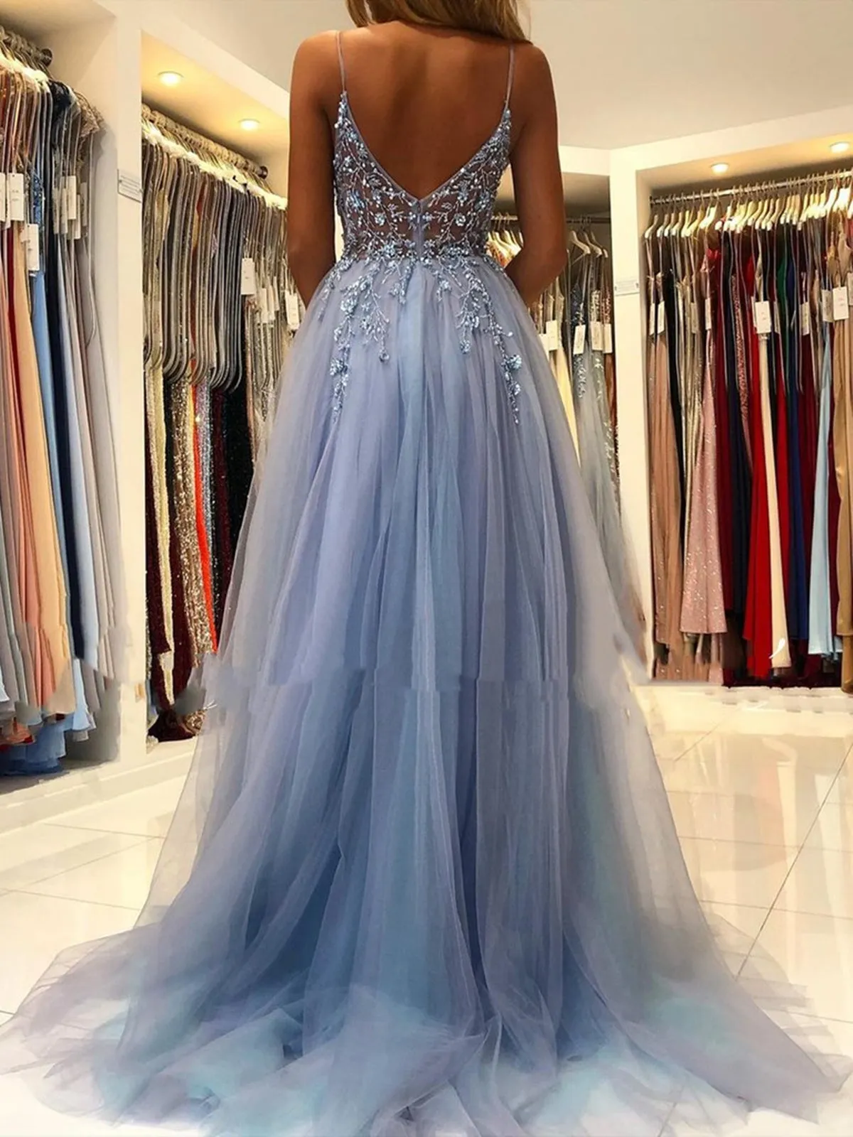 Gorgeous V Neck Open Back Smoky Gray Beaded Long Prom, High Slit Smoky Grey Long Formal Evening