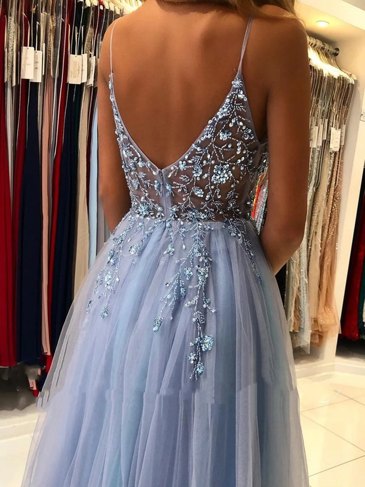 Gorgeous V Neck Open Back Smoky Gray Beaded Long Prom, High Slit Smoky Grey Long Formal Evening