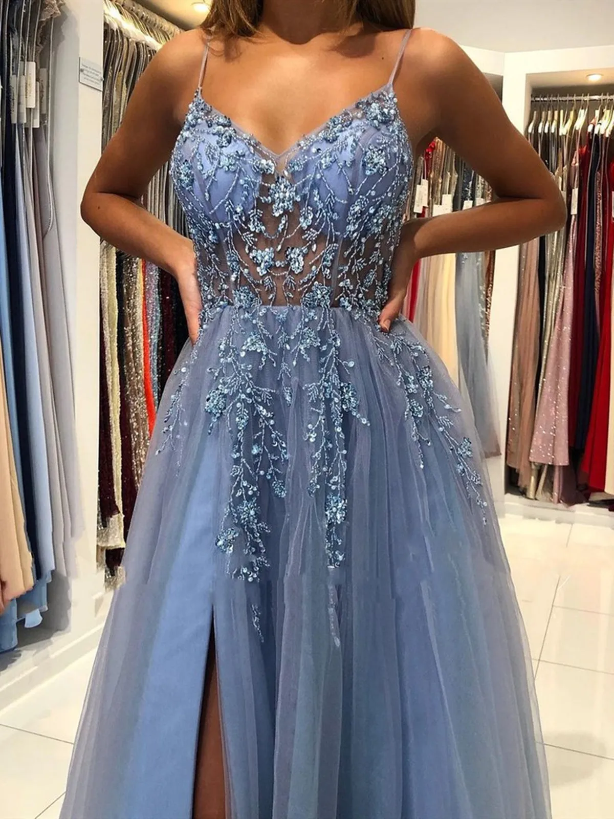 Gorgeous V Neck Open Back Smoky Gray Beaded Long Prom, High Slit Smoky Grey Long Formal Evening
