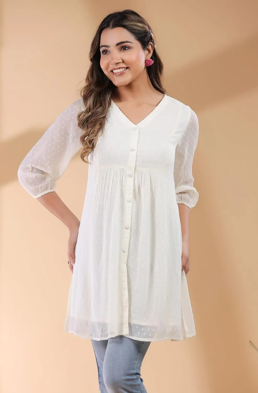 Janasya Indian Women's Summer Kurti for Women Chiffon A-Line Off White Balloon Sleeve Casual Regular Tunic Kurta