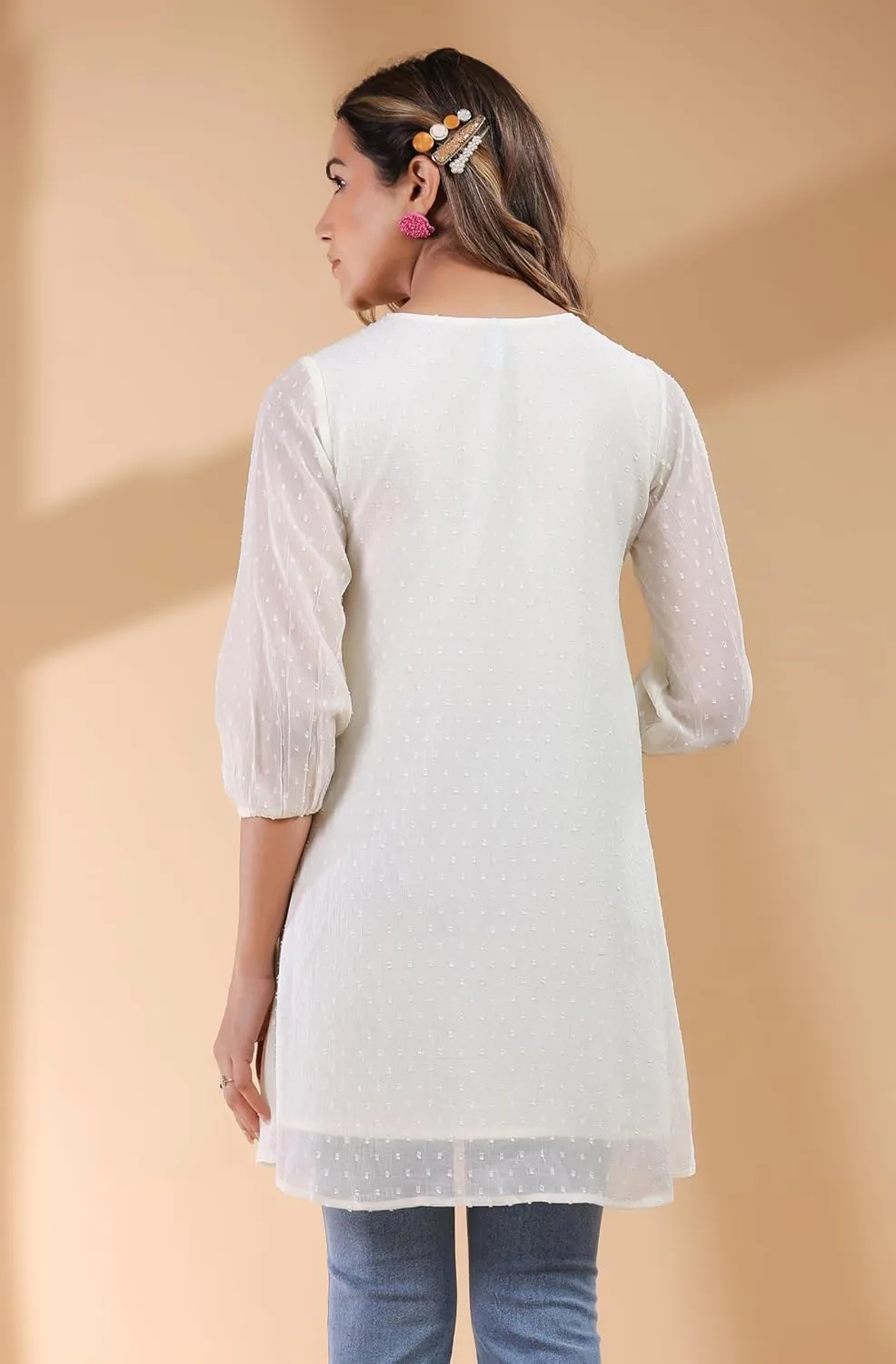 Janasya Indian Women's Summer Kurti for Women Chiffon A-Line Off White Balloon Sleeve Casual Regular Tunic Kurta