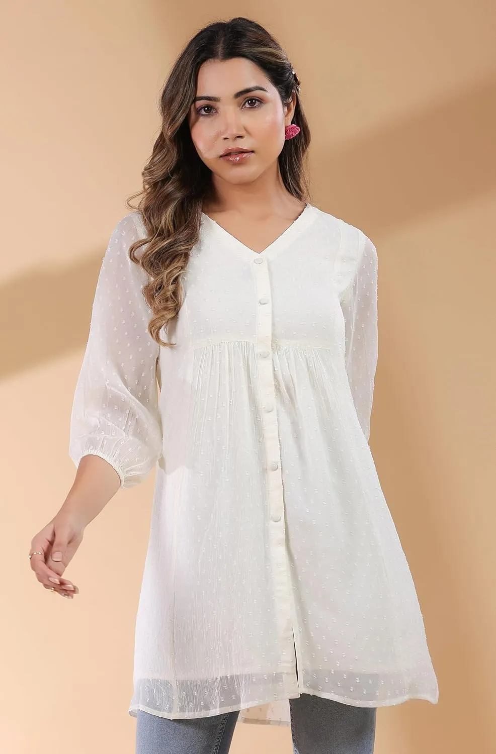 Janasya Indian Women's Summer Kurti for Women Chiffon A-Line Off White Balloon Sleeve Casual Regular Tunic Kurta