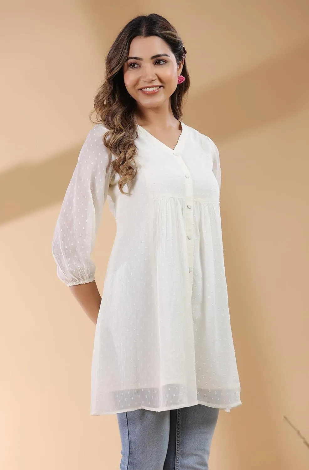 Janasya Indian Women's Summer Kurti for Women Chiffon A-Line Off White Balloon Sleeve Casual Regular Tunic Kurta