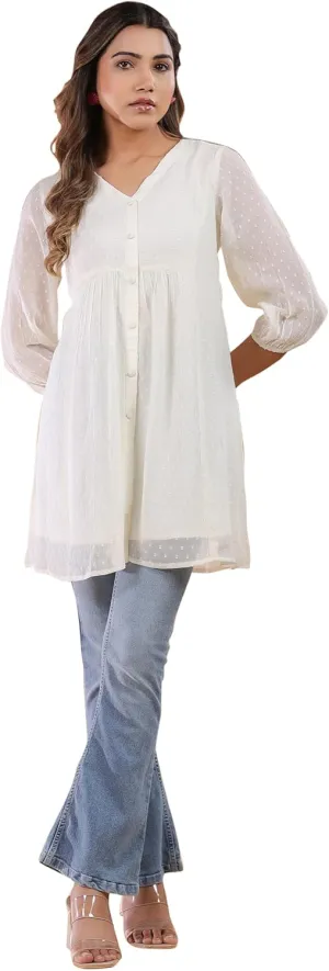 Janasya Indian Women's Summer Kurti for Women Chiffon A-Line Off White Balloon Sleeve Casual Regular Tunic Kurta