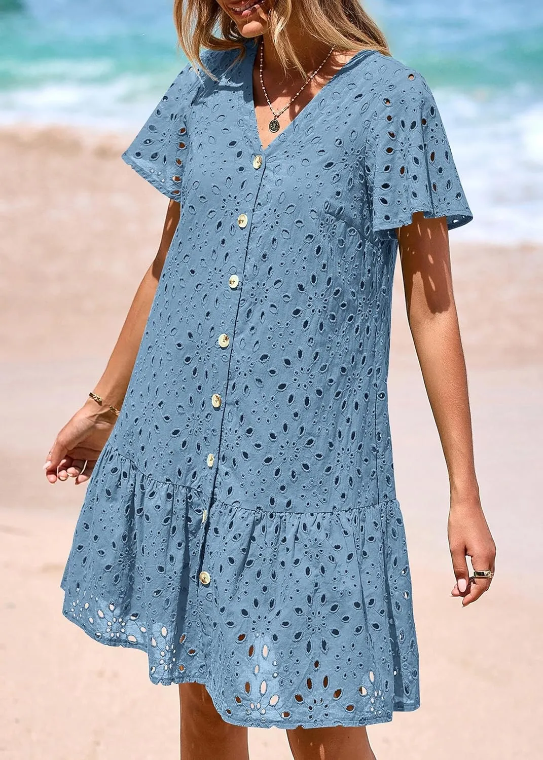 KIRUNDO Summer Dresses for Women 2025 Button Down V Neck Short Sleeve Hollow Out Lace A Line Casual Mini Babydoll Dress