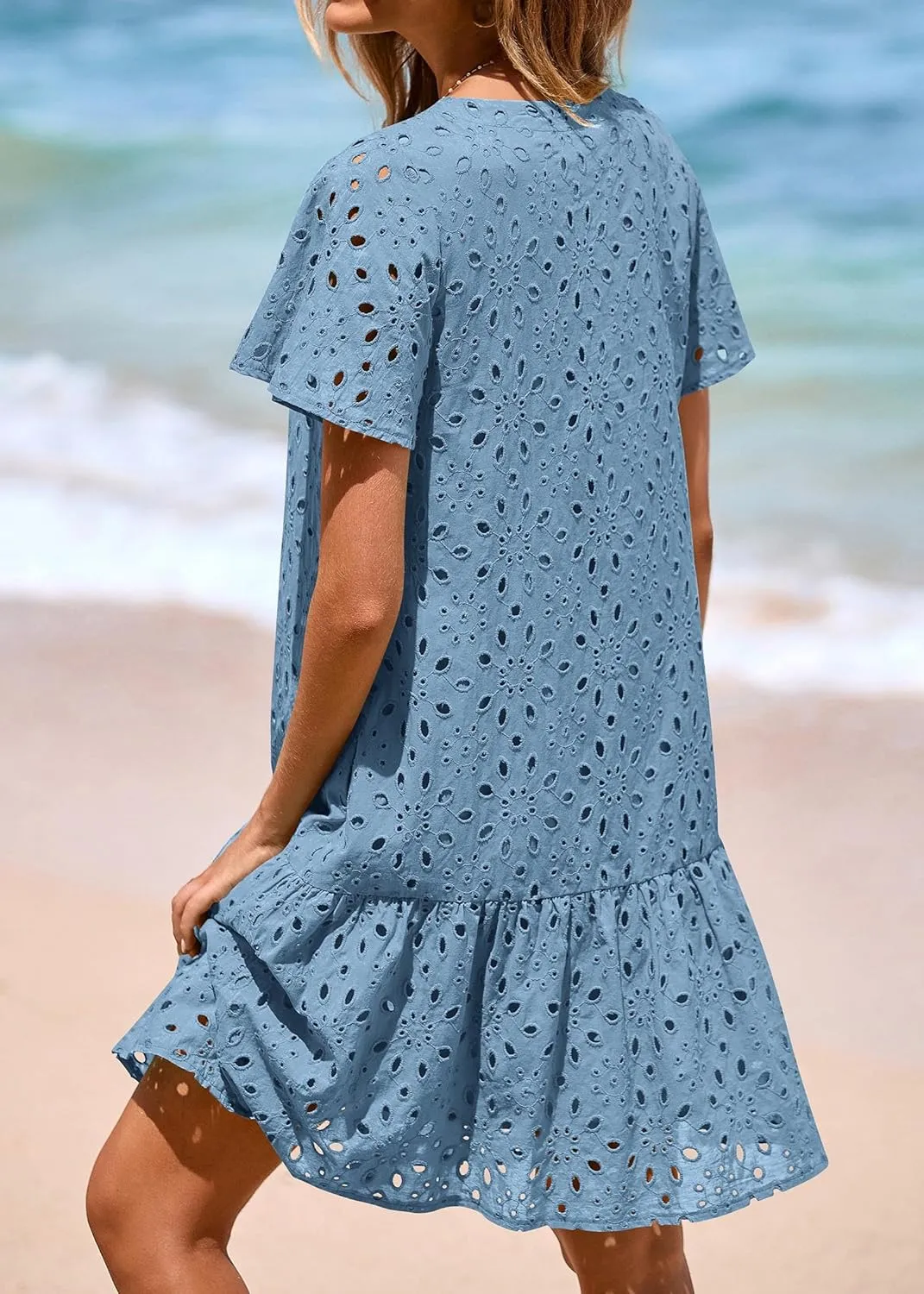 KIRUNDO Summer Dresses for Women 2025 Button Down V Neck Short Sleeve Hollow Out Lace A Line Casual Mini Babydoll Dress