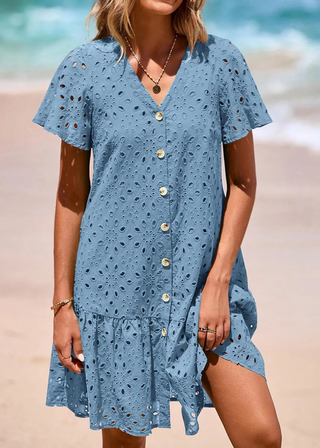 KIRUNDO Summer Dresses for Women 2025 Button Down V Neck Short Sleeve Hollow Out Lace A Line Casual Mini Babydoll Dress