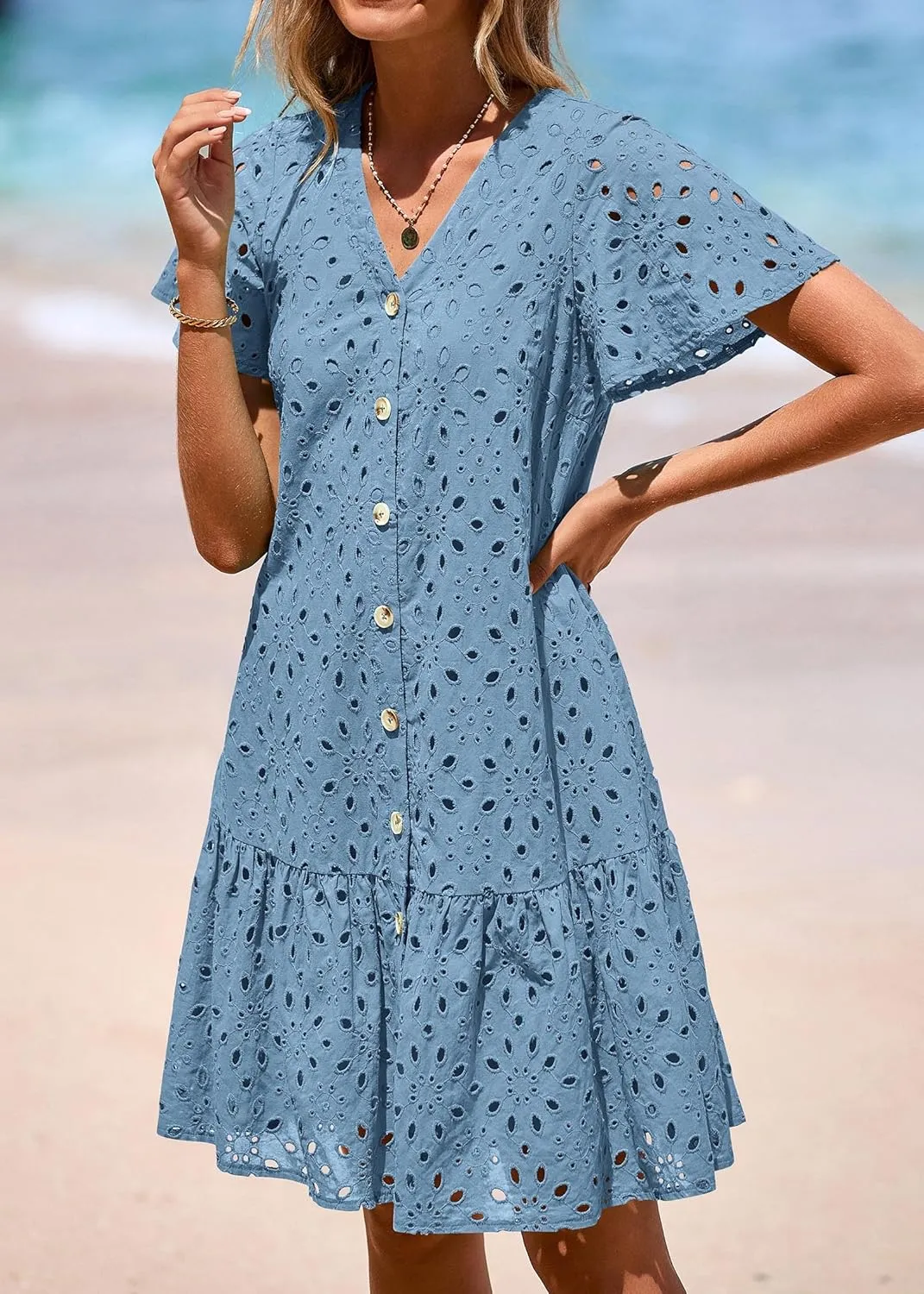 KIRUNDO Summer Dresses for Women 2025 Button Down V Neck Short Sleeve Hollow Out Lace A Line Casual Mini Babydoll Dress