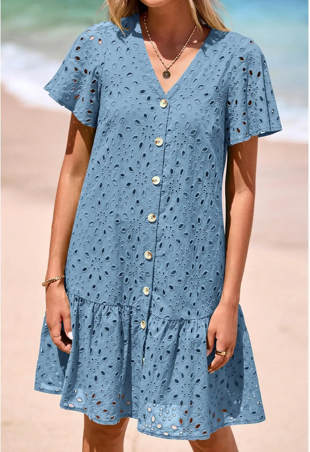 KIRUNDO Summer Dresses for Women 2025 Button Down V Neck Short Sleeve Hollow Out Lace A Line Casual Mini Babydoll Dress