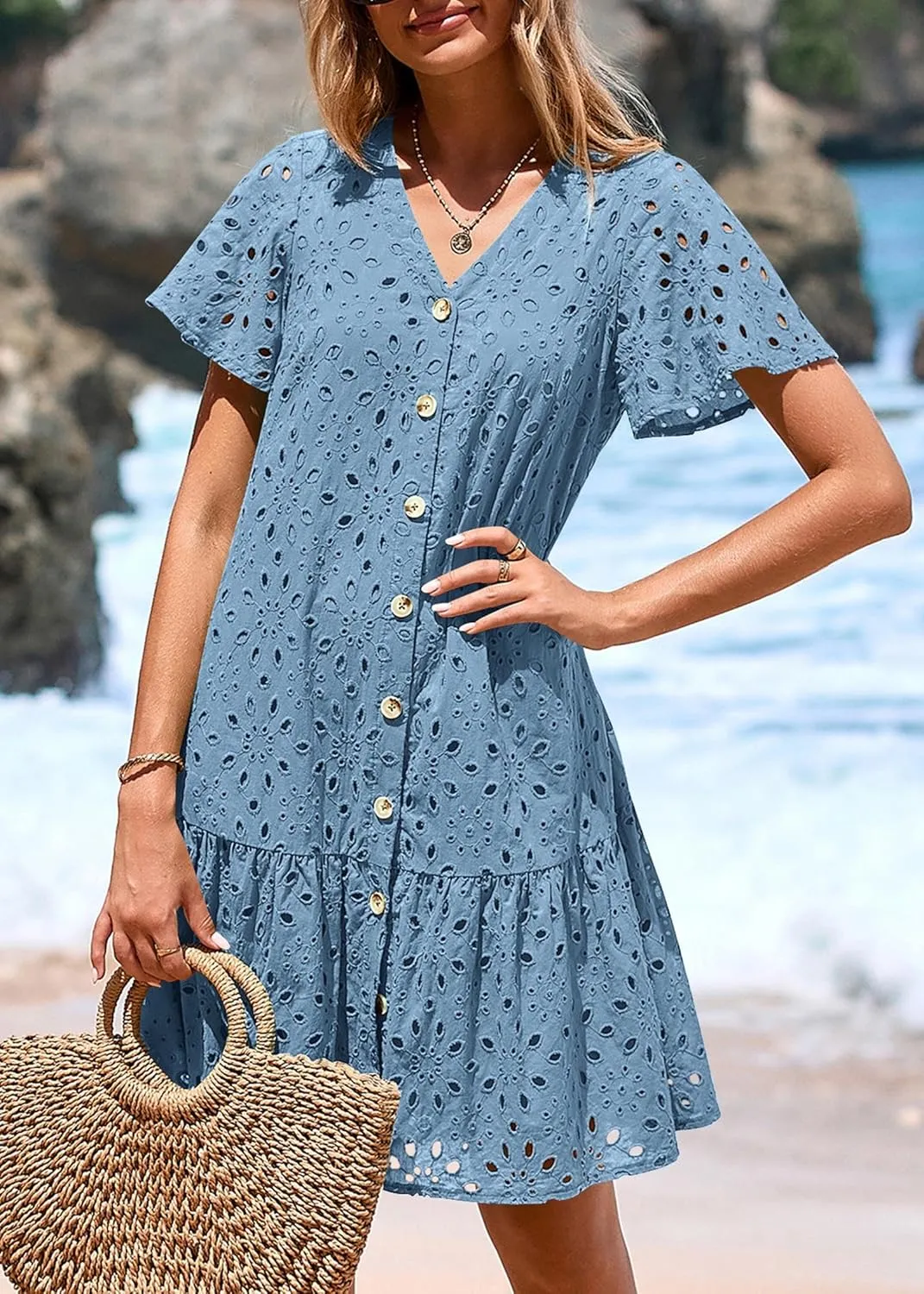 KIRUNDO Summer Dresses for Women 2025 Button Down V Neck Short Sleeve Hollow Out Lace A Line Casual Mini Babydoll Dress