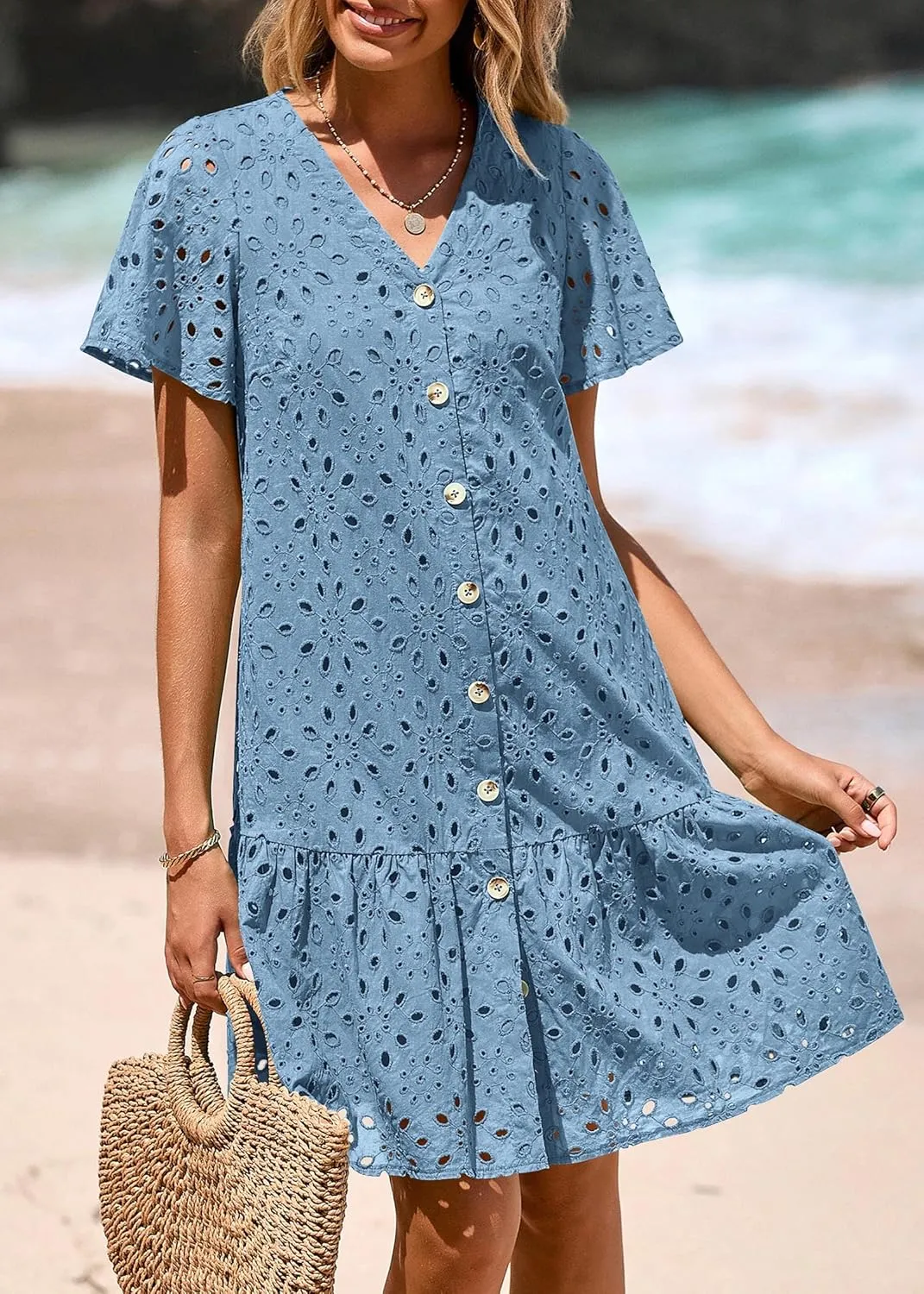KIRUNDO Summer Dresses for Women 2025 Button Down V Neck Short Sleeve Hollow Out Lace A Line Casual Mini Babydoll Dress