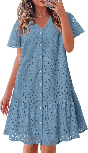 KIRUNDO Summer Dresses for Women 2025 Button Down V Neck Short Sleeve Hollow Out Lace A Line Casual Mini Babydoll Dress