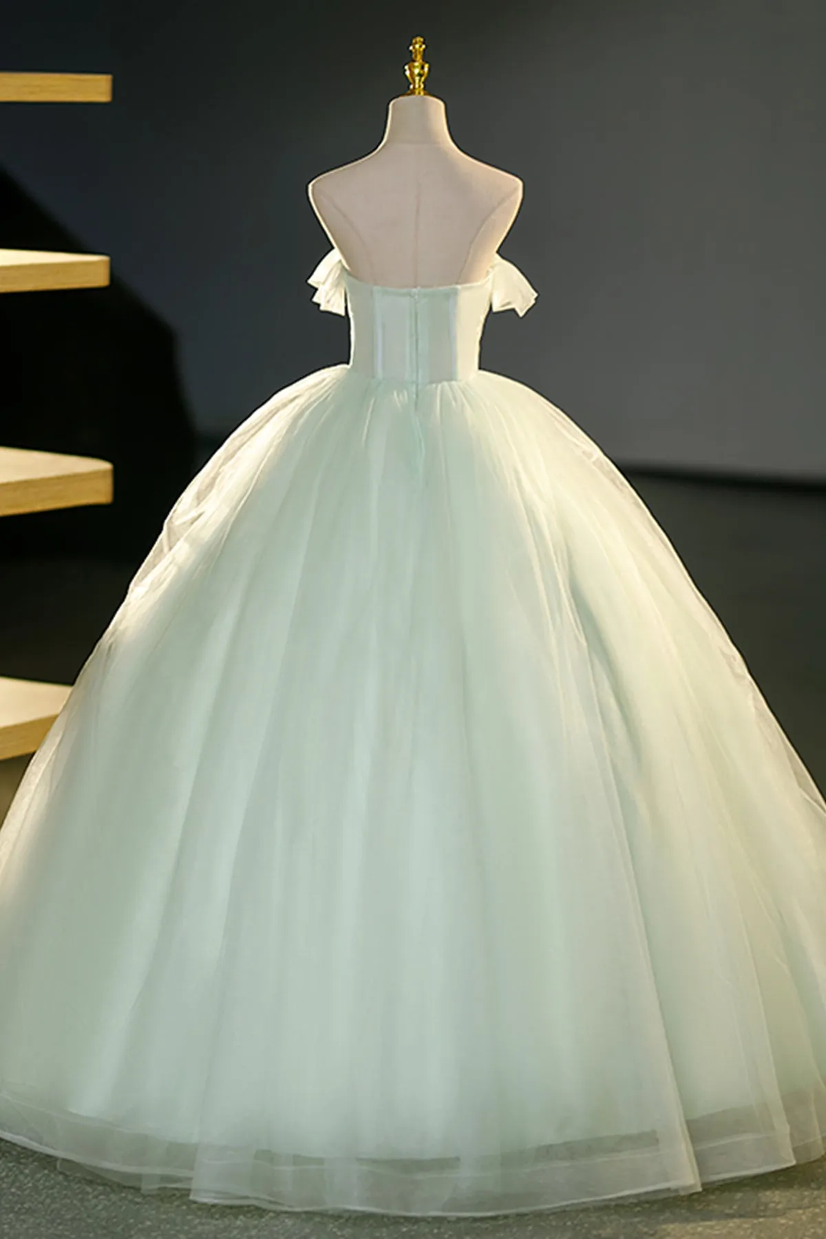 Light Green Strapless Long Prom Dresses, Light Green Tulle Formal Evening Dresses, Ball Gown WT1225