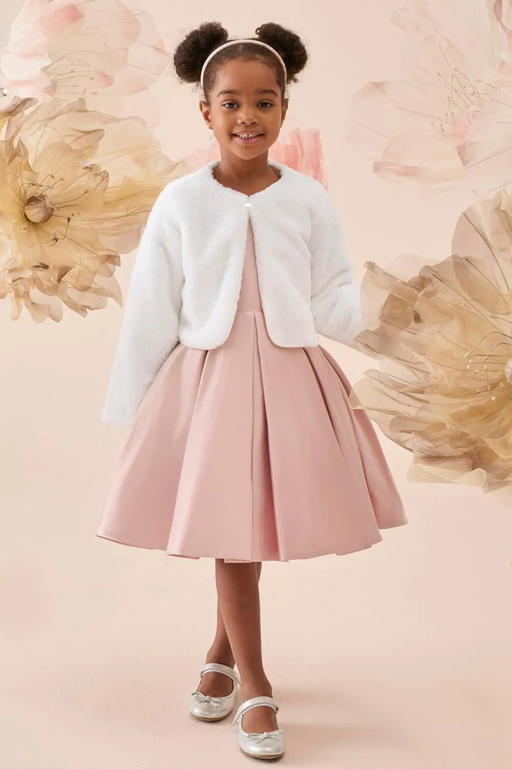 Lilax Girls Cozy Faux Fur Bolero Shrug Long Sleeve Crew Neck Dress Coat