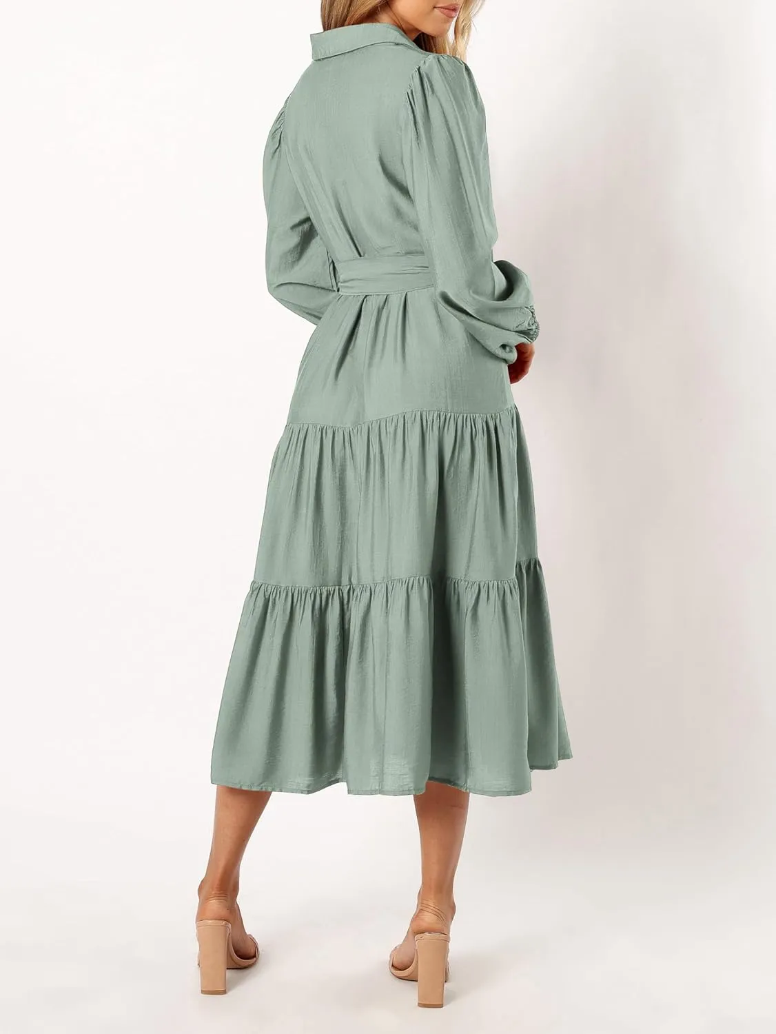 MASCOMODA Womens Dresses 2025 Fall Long Sleeve Midi Dress Casual V Neck Button Down Tiered Flowy Aline Tie Waist Shirt Dress
