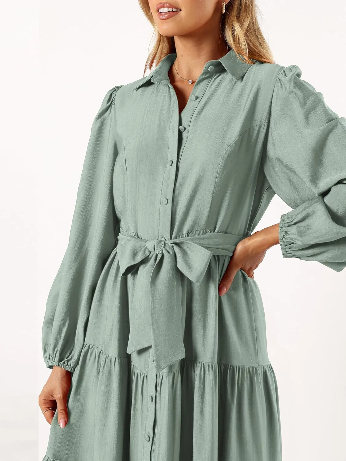 MASCOMODA Womens Dresses 2025 Fall Long Sleeve Midi Dress Casual V Neck Button Down Tiered Flowy Aline Tie Waist Shirt Dress