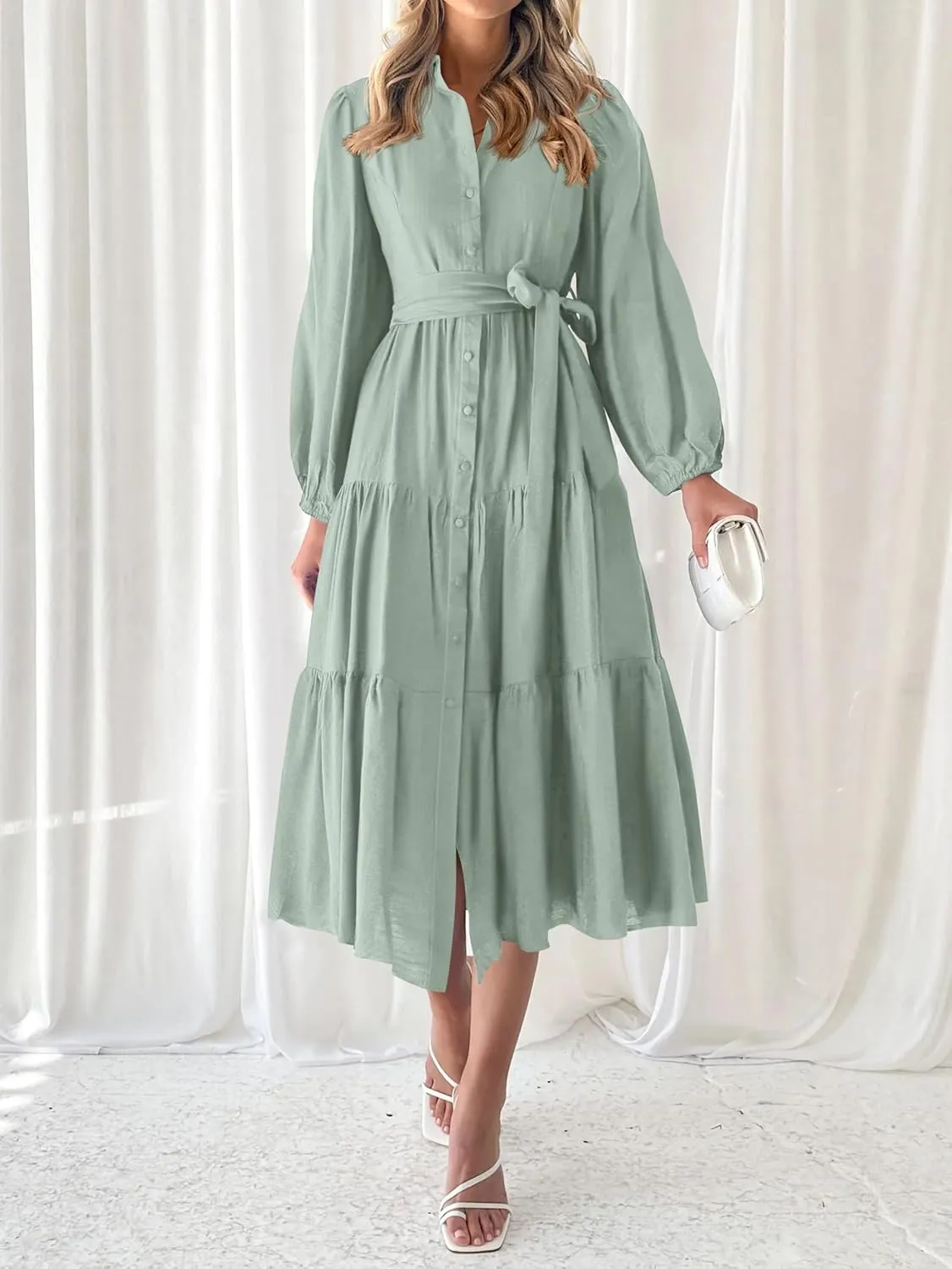 MASCOMODA Womens Dresses 2025 Fall Long Sleeve Midi Dress Casual V Neck Button Down Tiered Flowy Aline Tie Waist Shirt Dress