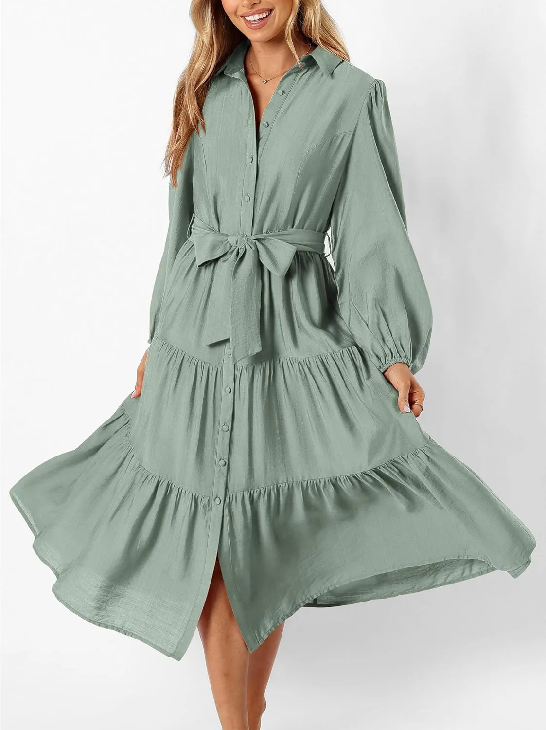 MASCOMODA Womens Dresses 2025 Fall Long Sleeve Midi Dress Casual V Neck Button Down Tiered Flowy Aline Tie Waist Shirt Dress