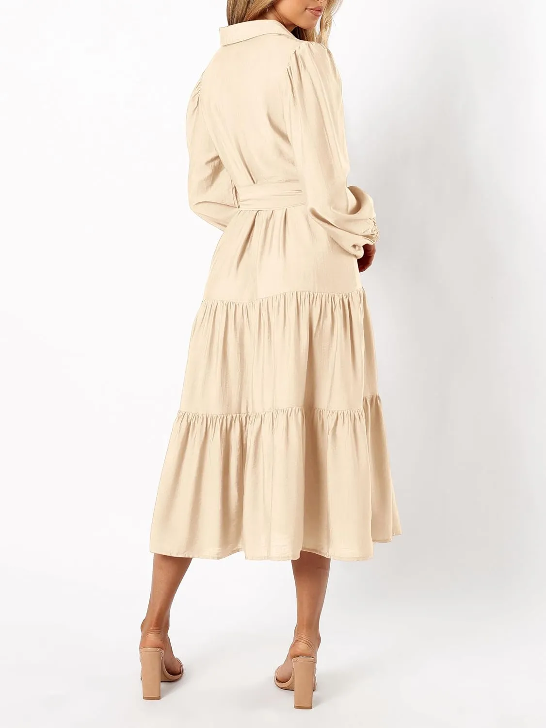 MASCOMODA Womens Dresses 2025 Fall Long Sleeve Midi Dress Casual V Neck Button Down Tiered Flowy Aline Tie Waist Shirt Dress
