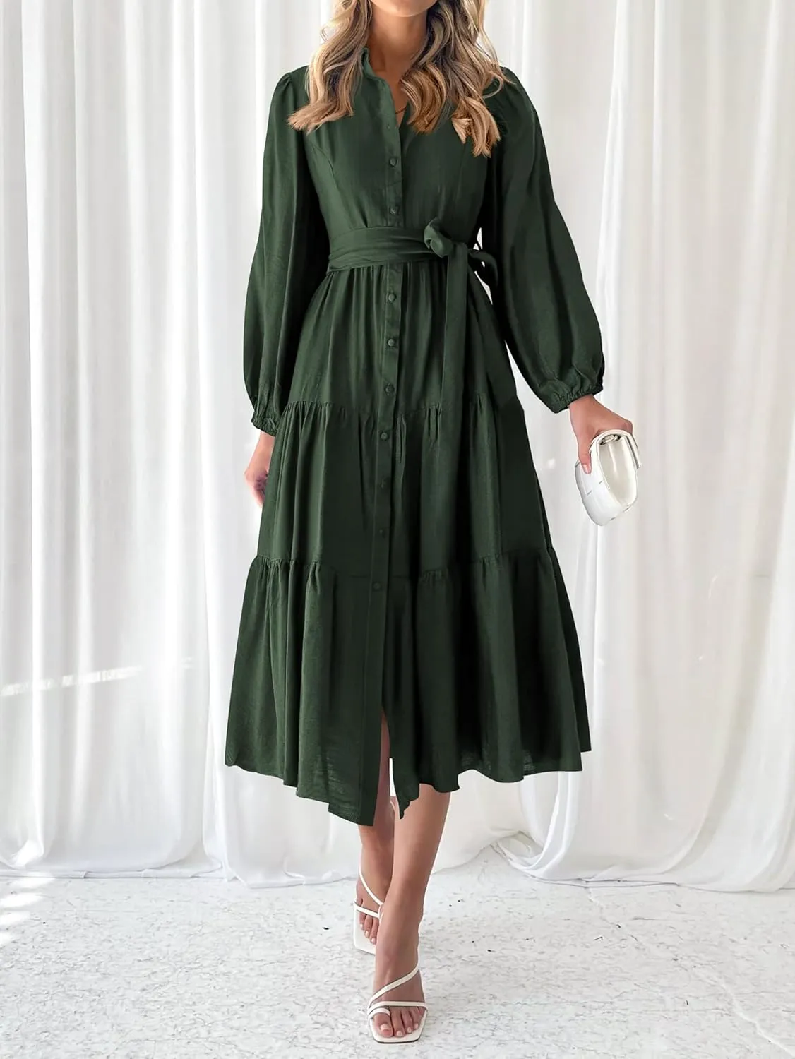 MASCOMODA Womens Dresses 2025 Fall Long Sleeve Midi Dress Casual V Neck Button Down Tiered Flowy Aline Tie Waist Shirt Dress