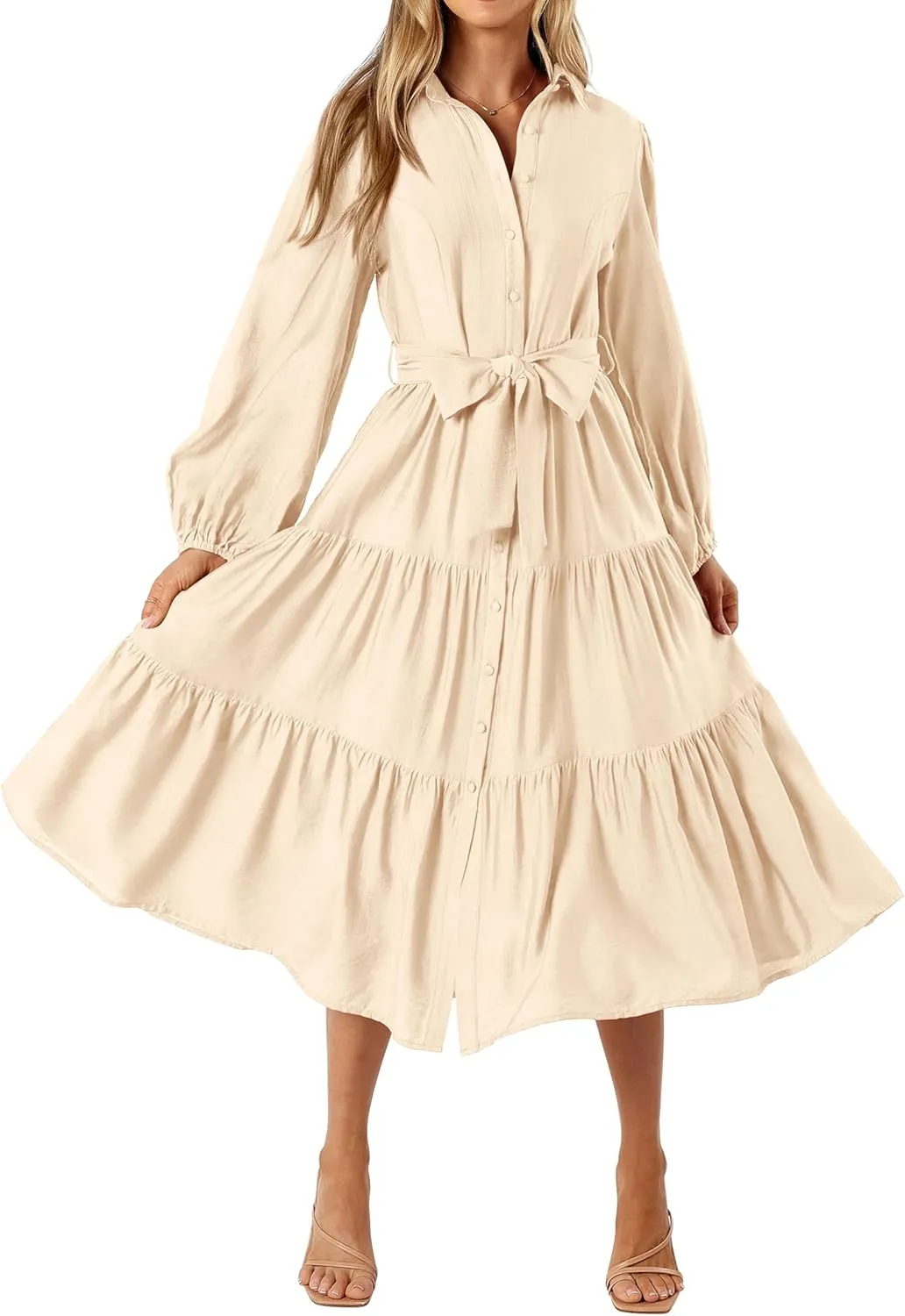 MASCOMODA Womens Dresses 2025 Fall Long Sleeve Midi Dress Casual V Neck Button Down Tiered Flowy Aline Tie Waist Shirt Dress