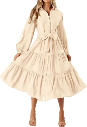 MASCOMODA Womens Dresses 2025 Fall Long Sleeve Midi Dress Casual V Neck Button Down Tiered Flowy Aline Tie Waist Shirt Dress