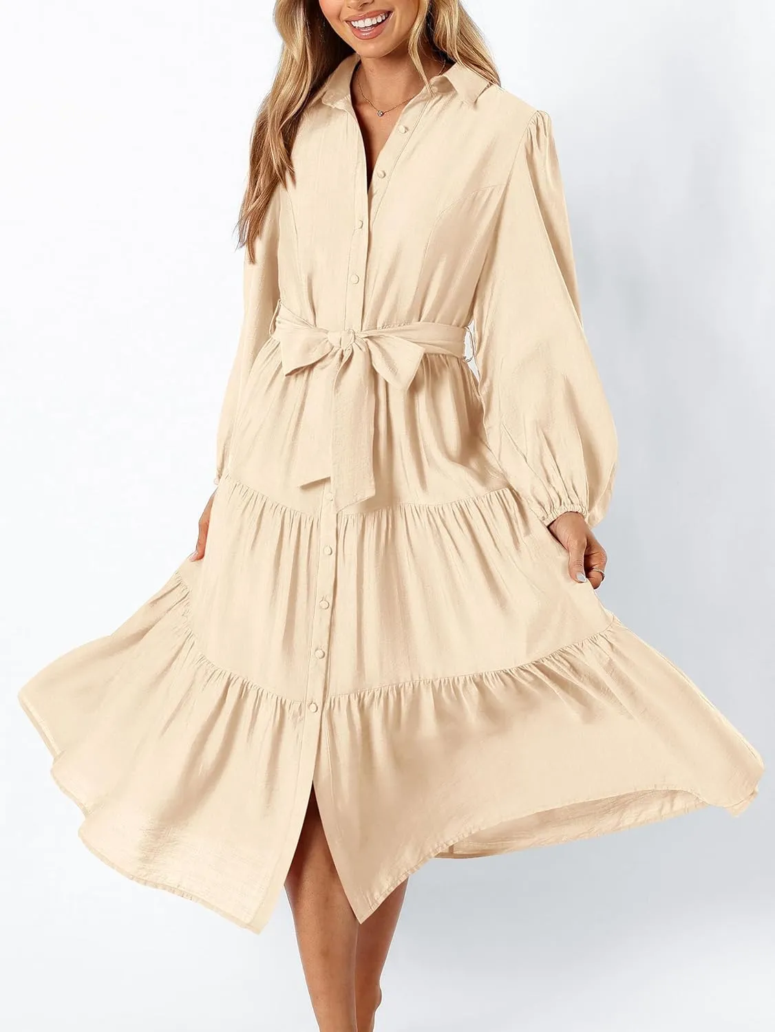 MASCOMODA Womens Dresses 2025 Fall Long Sleeve Midi Dress Casual V Neck Button Down Tiered Flowy Aline Tie Waist Shirt Dress