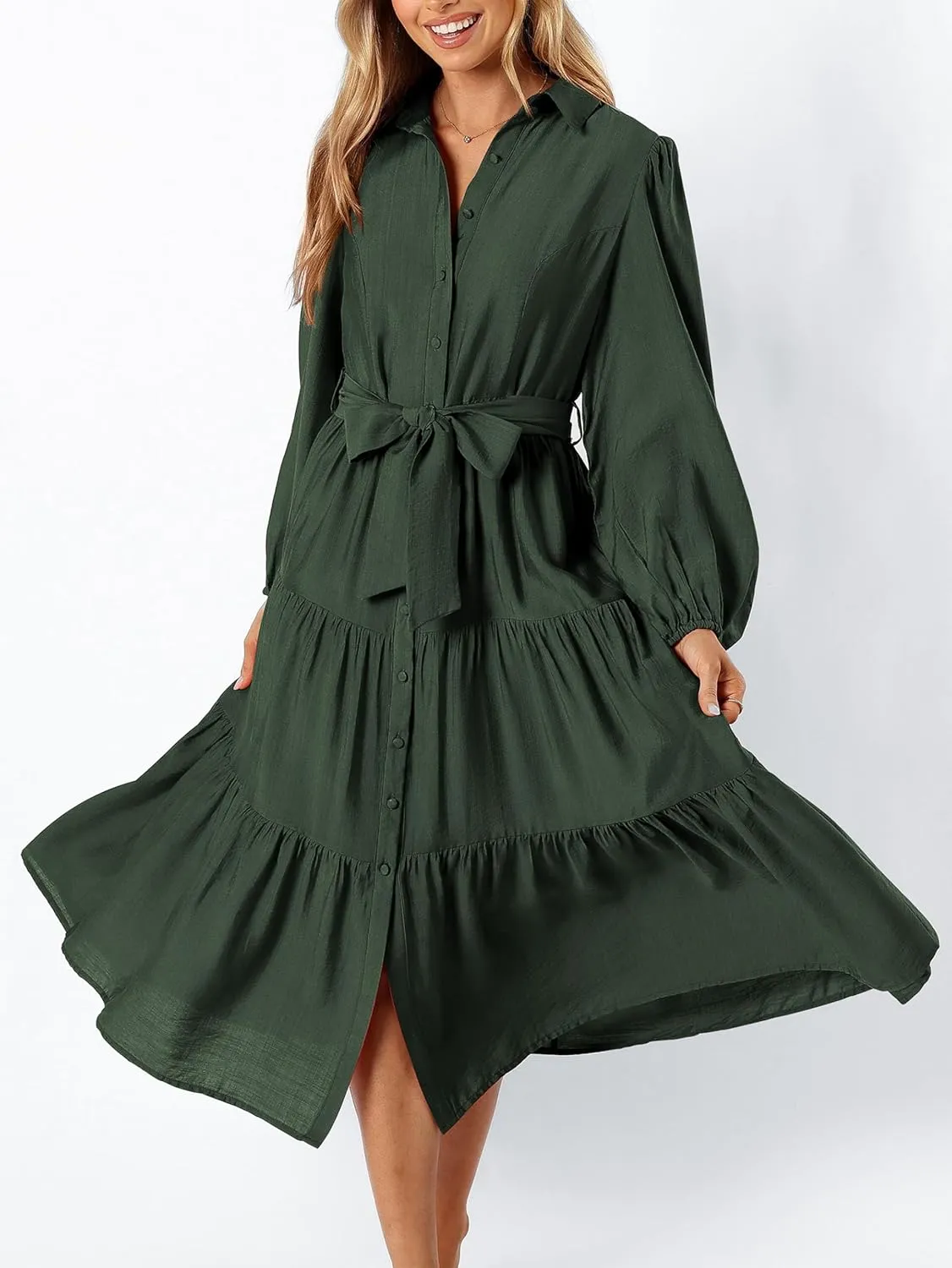 MASCOMODA Womens Dresses 2025 Fall Long Sleeve Midi Dress Casual V Neck Button Down Tiered Flowy Aline Tie Waist Shirt Dress