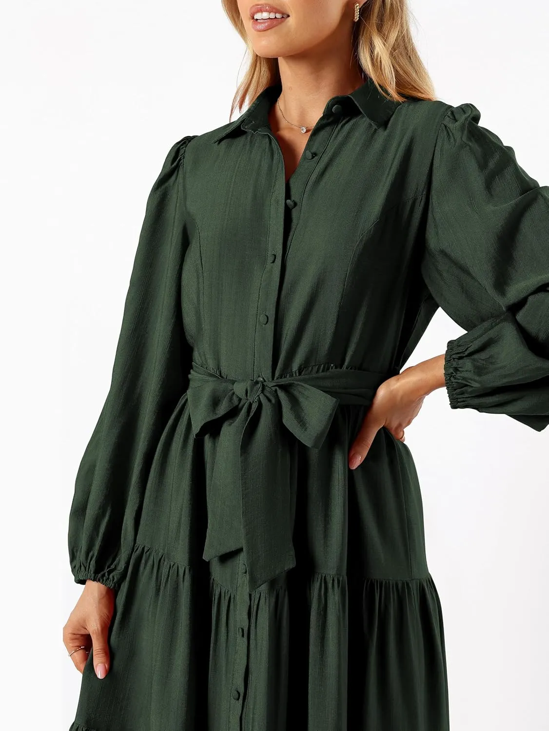 MASCOMODA Womens Dresses 2025 Fall Long Sleeve Midi Dress Casual V Neck Button Down Tiered Flowy Aline Tie Waist Shirt Dress