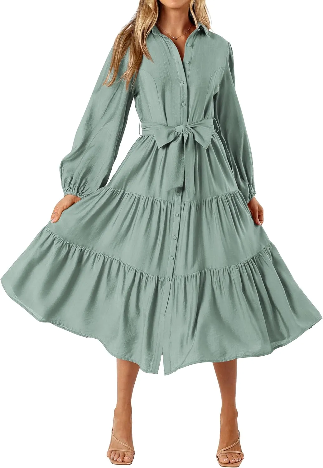 MASCOMODA Womens Dresses 2025 Fall Long Sleeve Midi Dress Casual V Neck Button Down Tiered Flowy Aline Tie Waist Shirt Dress