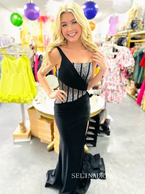 Mermaid One Shoulder Black Beaded Long Prom Dress Evening Dress sew1094