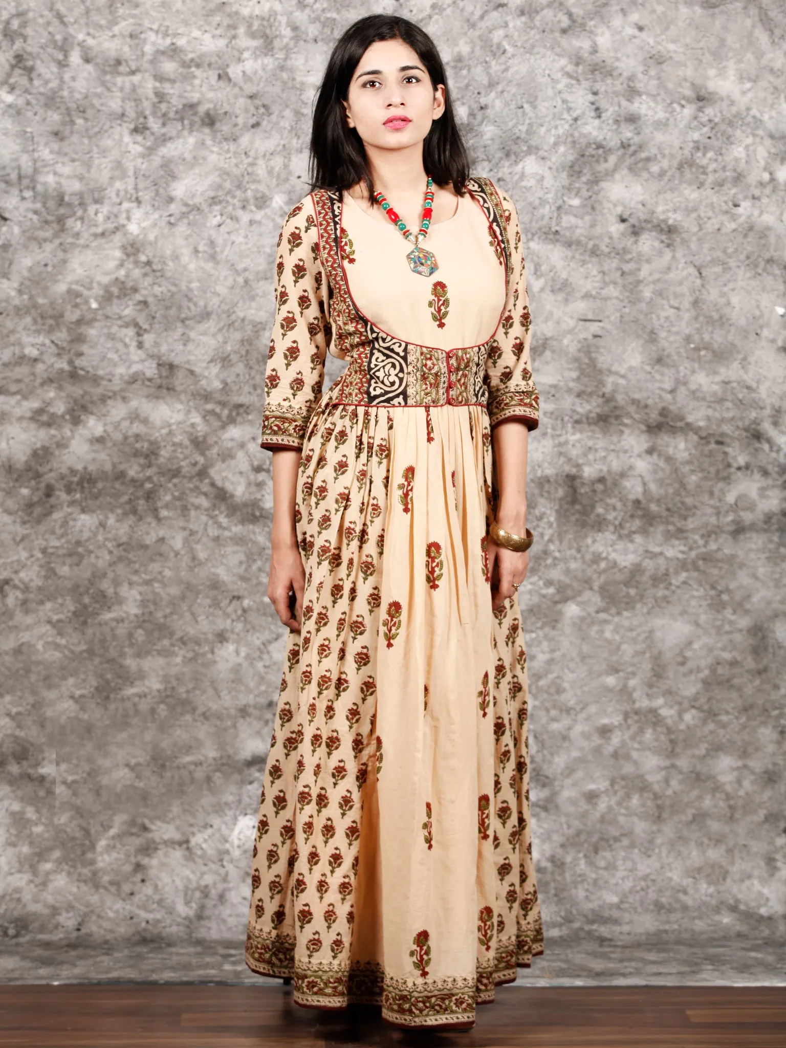 Naaz Afreen - Beige Maroon Black Hand Block Printed Long Gathers Dress With Lining - DS55F001