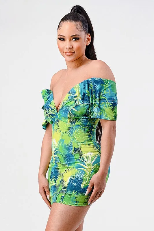 Neon garden off shoulder fitted dress