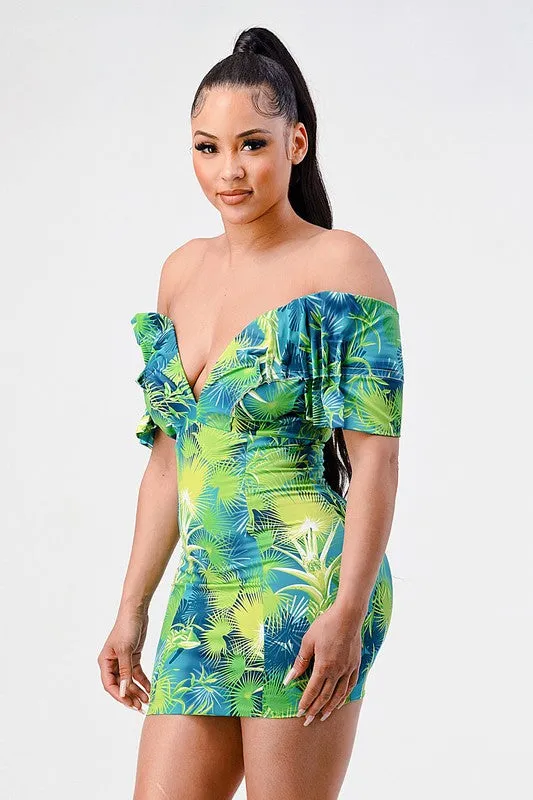 Neon garden off shoulder fitted dress