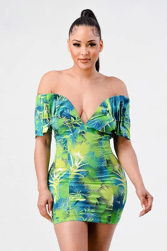 Neon garden off shoulder fitted dress