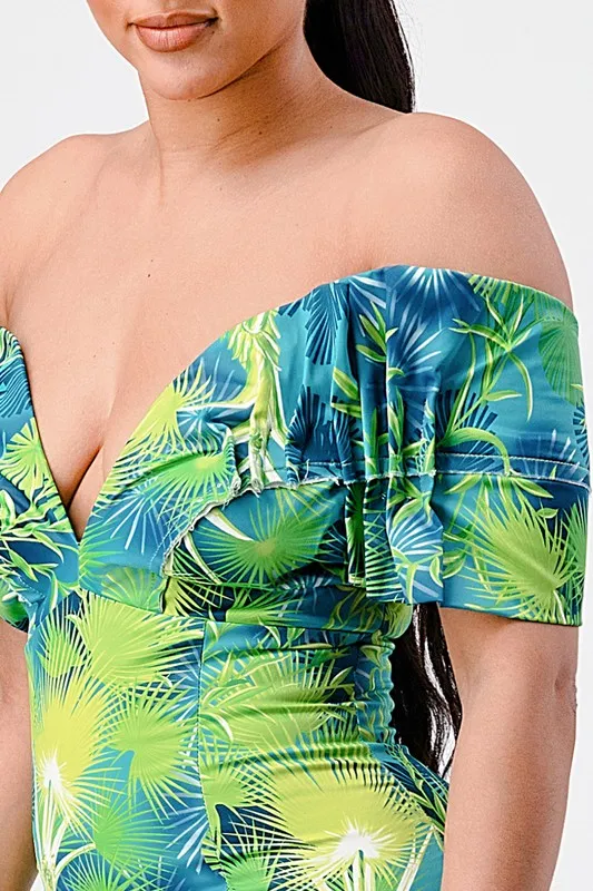 Neon garden off shoulder fitted dress