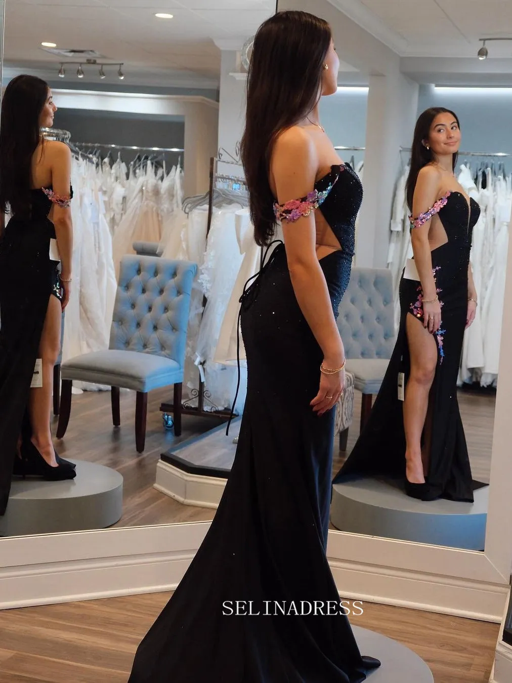 Off-the-shoulder Mermaid Beaded Long Prom Dress With Slit sew1023