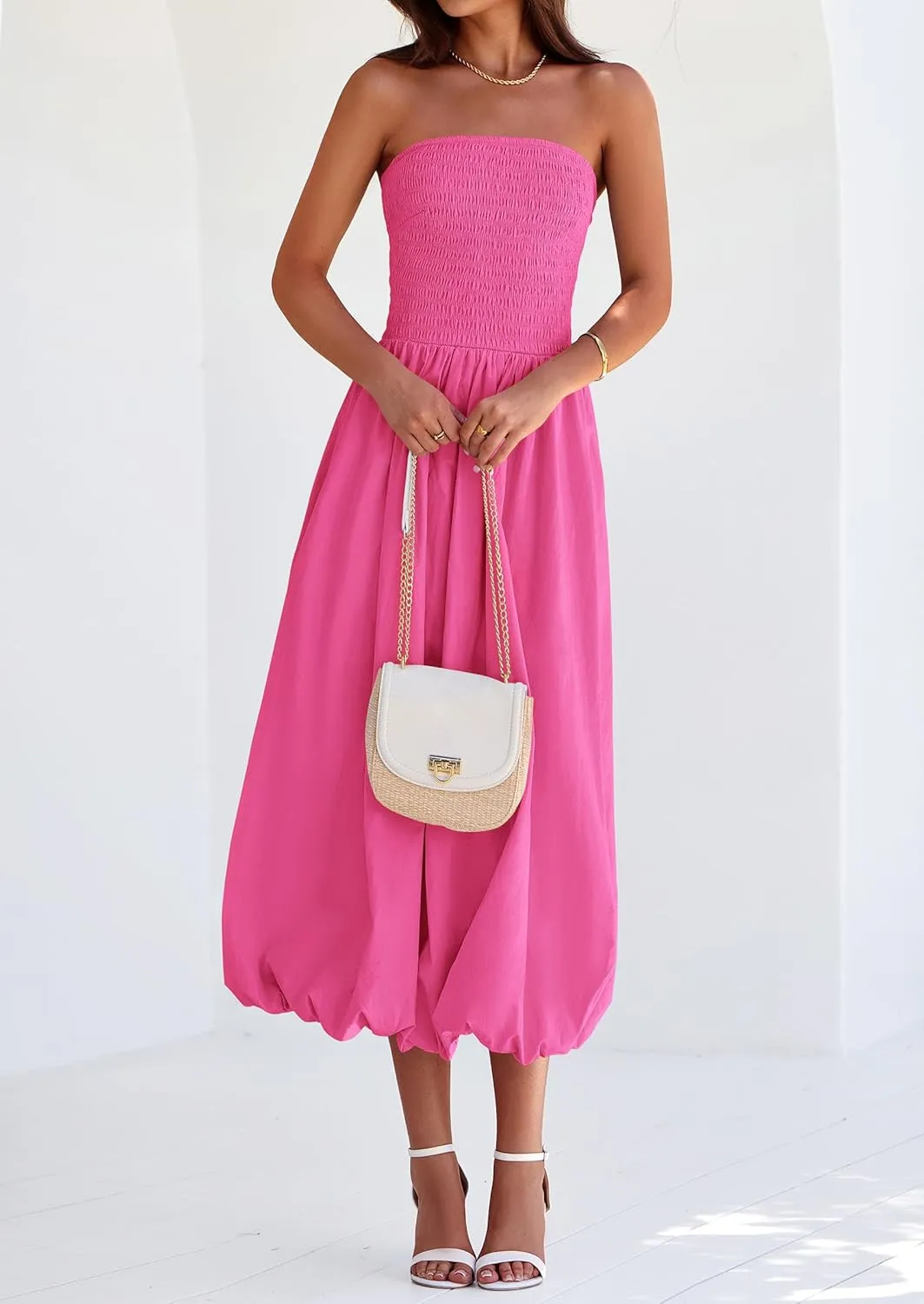 PRETTYGARDEN Women's 2025 Summer Strapless Tube Midi Dress Smocked A Line Bubble Long Flowy Casual Elegant Party Dresses