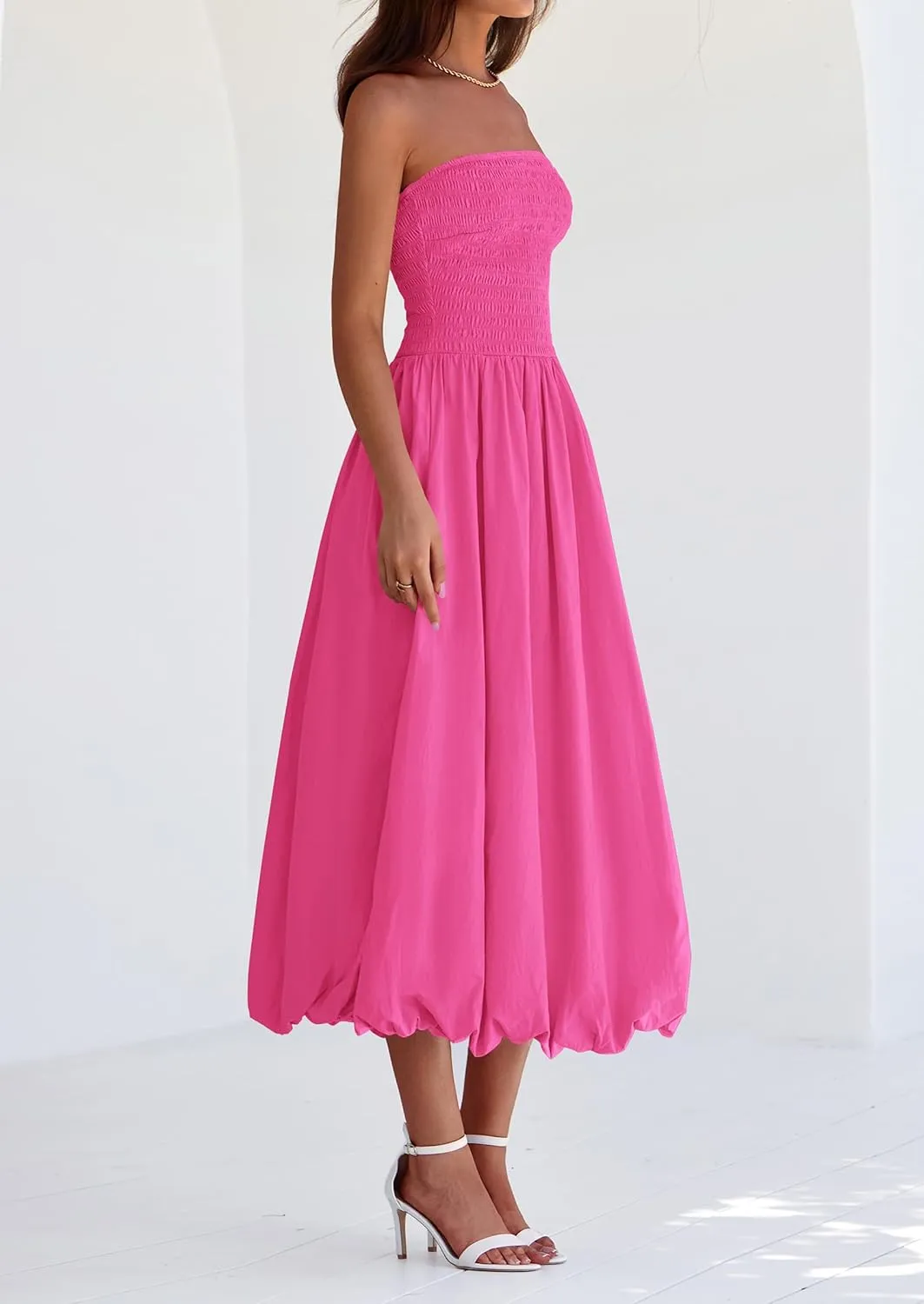 PRETTYGARDEN Women's 2025 Summer Strapless Tube Midi Dress Smocked A Line Bubble Long Flowy Casual Elegant Party Dresses