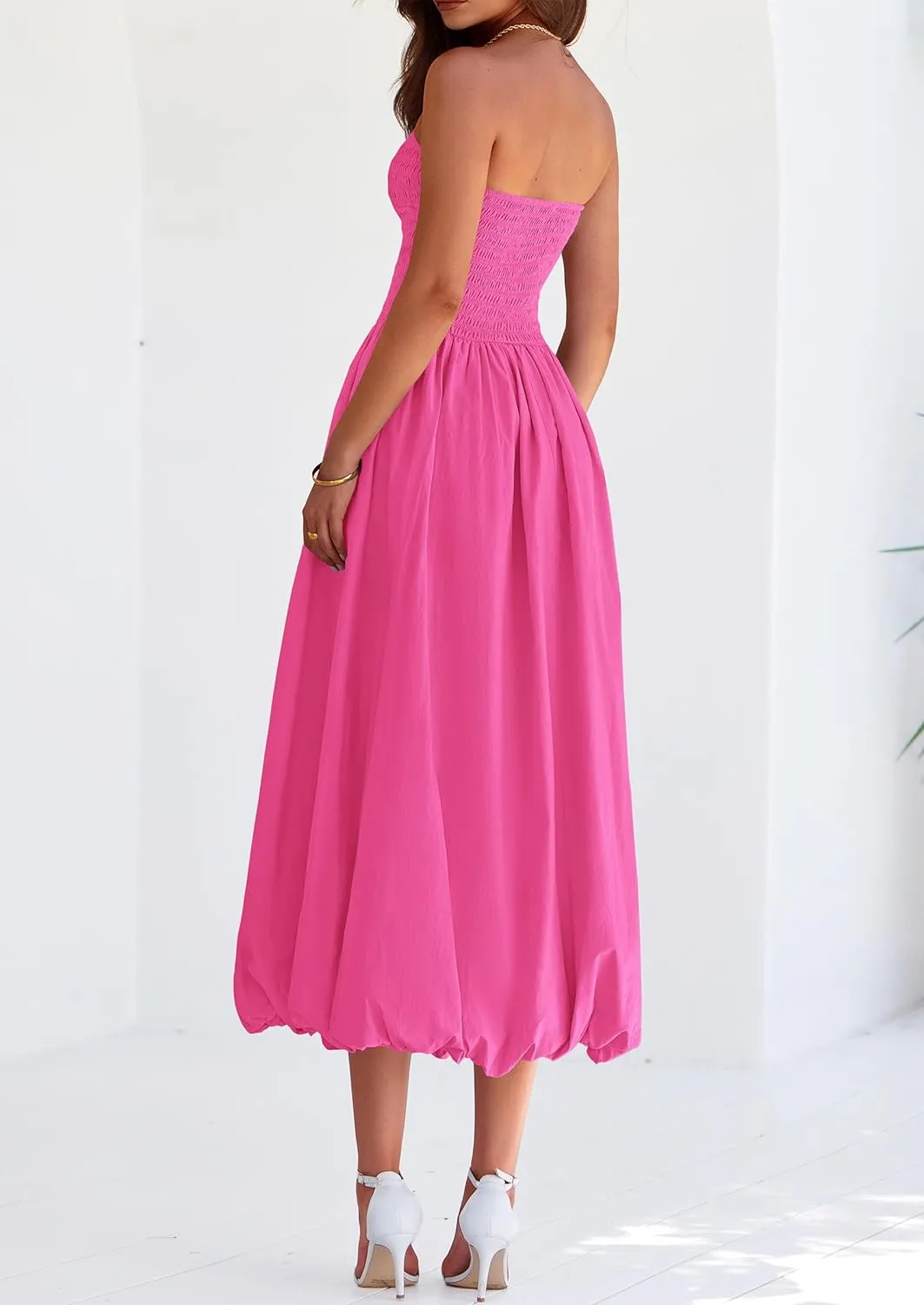 PRETTYGARDEN Women's 2025 Summer Strapless Tube Midi Dress Smocked A Line Bubble Long Flowy Casual Elegant Party Dresses