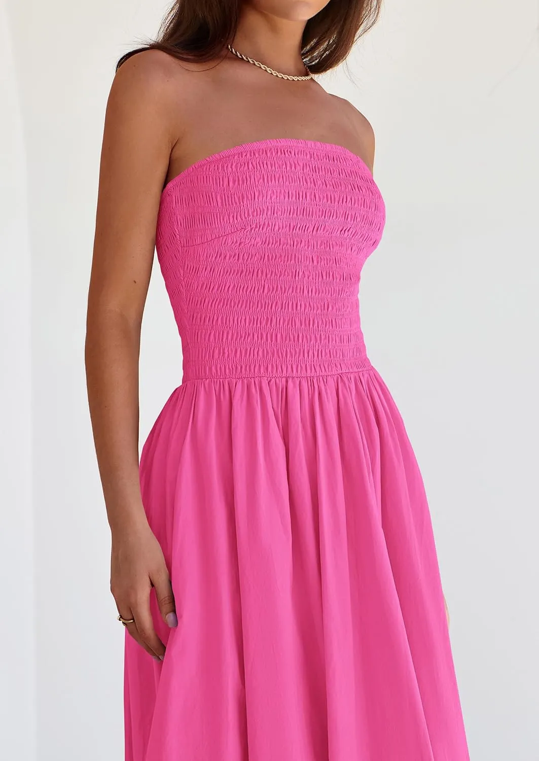 PRETTYGARDEN Women's 2025 Summer Strapless Tube Midi Dress Smocked A Line Bubble Long Flowy Casual Elegant Party Dresses